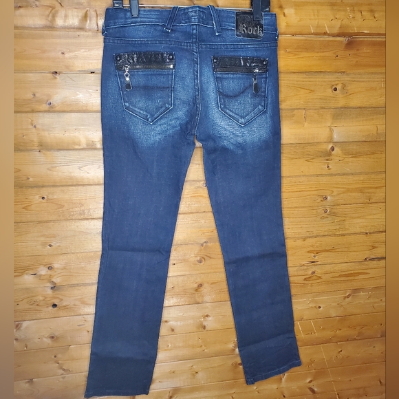 ♥️ REROCK FOR EXPRESS JEANS straight, medium-dark shiny zipper/pockets S… - Picture 5 of 10
